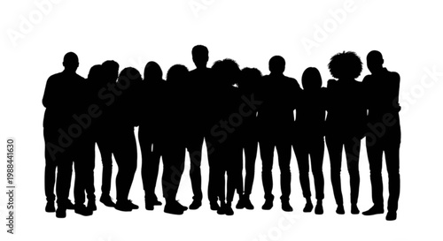 Group of silhouetted people standing closely together in a unified formation isolated on transparent background, Vector