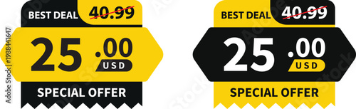 Modern before and after sales banner with heavily discounted price tags, crossed-out old price, and buy now. For icons, logos, signs, symbols, labels, and buttons. Vector illustration.