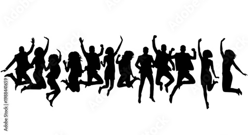 Group of people joyfully jumping in unison outdoors isolated on transparent background, Vector