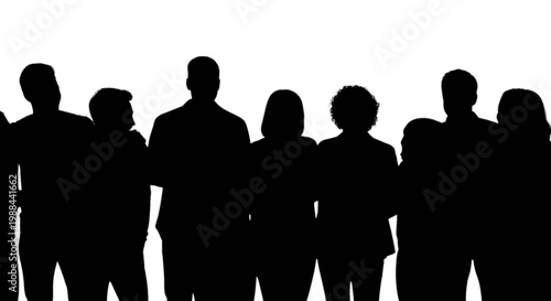 Silhouettes of seven diverse people standing closely together isolated on transparent background, Vector
