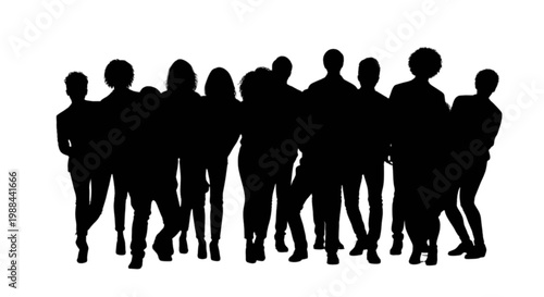 Group of silhouetted people standing closely together in a line isolated on transparent background, Vector