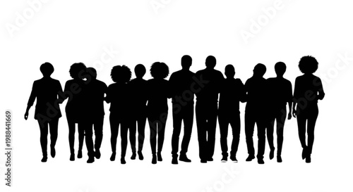 Group of diverse silhouetted individuals standing closely together in a line isolated on transparent background, Vector