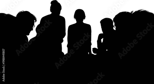 Silhouettes of a group of people standing closely together in unity isolated on transparent background, Vector