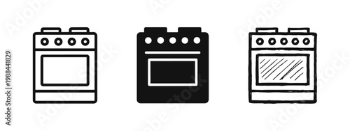 Kitchen Stove and Oven Icons Set in Outline, Solid, and Hand-Drawn Sketch Styles