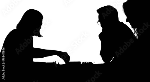 Three silhouettes engaged in a board game session together isolated on transparent background, Vector