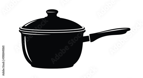 A black and white illustration depicts a saucepan with a lid and handle isolated on white