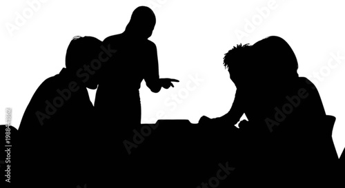 Silhouettes of people collaborating around a table in a meeting setting isolated on transparent background, Vector