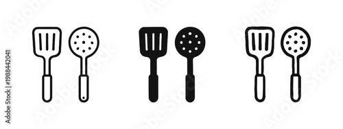 Kitchen Spatula and Slotted Spoon Icons Set in Outline, Solid, and Hand-Drawn Styles
