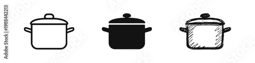Cooking Pot or Casserole Dish Icons Set in Outline, Solid, and Hand-Drawn Sketch Styles