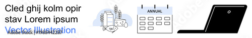 Food industry, annual planning, digital trends, scheduling, modern business, and productivity concept. Set including dairy icons, a yearly calendar and a laptop. Food industry and annual planning