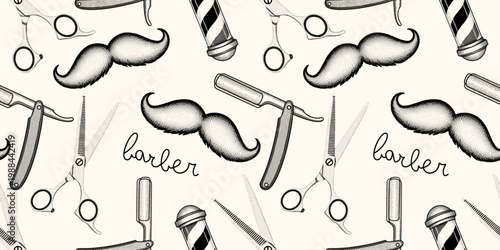 barbershop elements seamless pattern in vintage engraving style with mustache, scissors, and straight razor