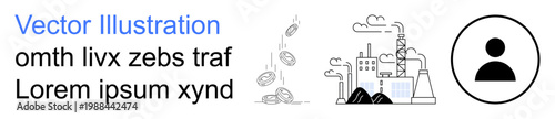 Environmental sustainability, pollution awareness, resource management, identity, industry, innovation. Industrial factory emitting smoke and profile icon. Pollution awareness and sustainability