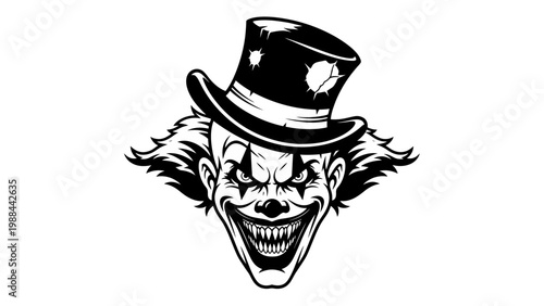 Scary Clown with Top Hat, Evil Grin, Horror, Halloween, Black and White