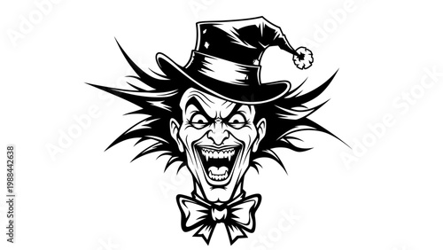 Scary Joker Face with Wild Hair and Top Hat, Evil Grin, Black and White
