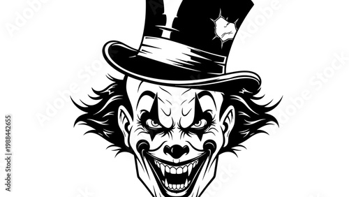 Scary Clown Face with Top Hat, Evil Grin, Horror Halloween Character, Black and White