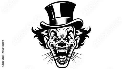Scary Clown Face with Top Hat, Evil Grin, Horror Halloween Character Illustration