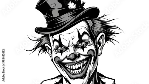 Scary Clown Face with Top Hat, Grinning Maniacally, Black and White Illustration