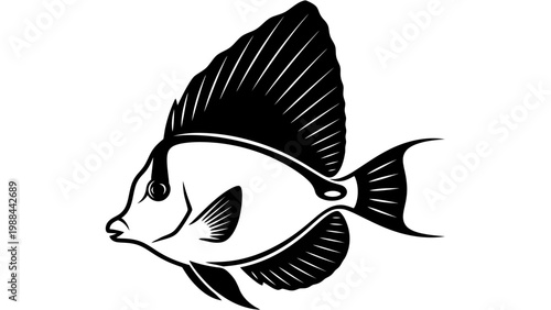 Stylized Black and White Vector Illustration of a Tropical Fish with Large Dorsal Fin