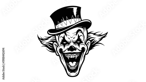 Scary Clown Face with Top Hat, Fangs, and Evil Grin - Black and White Illustration