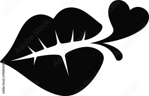 Stylized black vector icon of plump female lips with a sharp graphic design emitting a small floating heart shape isolated on a plain white background