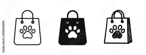 Pet Shopping Bag Icon Set with Paw Print in Line, Solid, and Hand-Drawn Styles