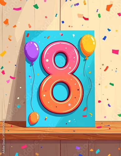Birthday  or anniversary card with number 8. Cartoon illustration with bright colors and balloons