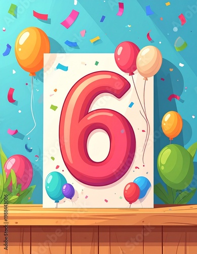 Birthday  or anniversary card with number 6. Cartoon illustration with bright colors and balloons