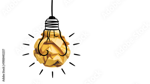 A glowing light bulb made from a crumpled piece of yellow paper representing a creative idea for a new business concept isolated on transparent background