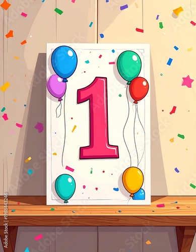 Birthday  or anniversary card with number 1. Cartoon illustration with bright colors and balloons