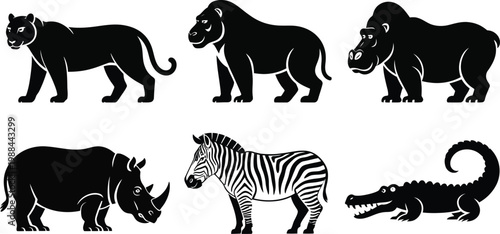 A set of iconic wild animal silhouettes featuring a tiger, bear, gorilla, rhinoceros, zebra, and crocodile, showcasing a range of species from different habitats and ecosystems, highlighting the beaut
