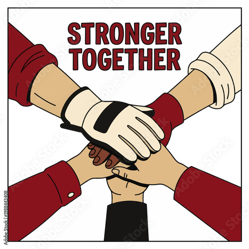 Close up of diverse workers hands in protective gloves stacking together in a circle symbolizing unity strength and cooperation for international labor day