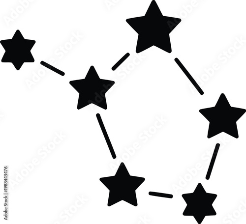 Minimalist black and white celestial constellation vector icon showing stars connected by dashed lines for astronomical chart stargazing and night sky
