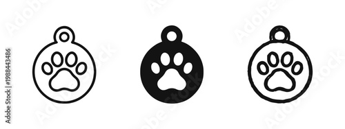 Pet Tag or ID Icon Set with Paw Print in Line, Solid, and Hand-Drawn Styles