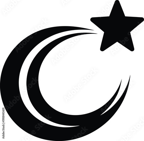 Elegant Black Crescent Moon and Five Pointed Star Vector Icon with Stylized Artistic Brush Strokes for Ramadan Kareem Eid Mubarak Religious Celebration