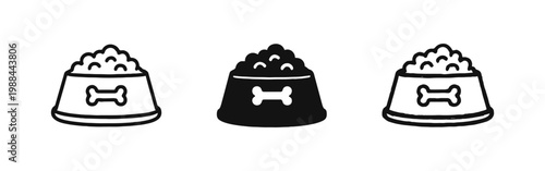 Dog Food Bowl Icon Set with Kibble and Bone in Line, Solid, and Hand-Drawn Styles