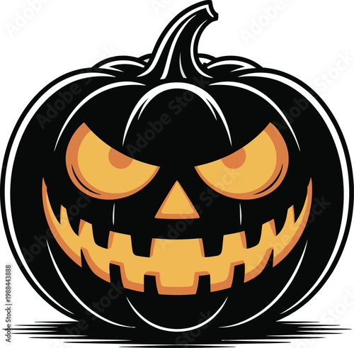Spooky jack-o'-lantern pumpkin with glowing orange eyes and a carved face halloween traditional decoration illustration silhouette background vegetable celebration