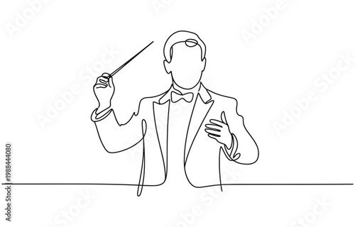 continuous line drawing of orchestra conductor, single line drawing of orchestra leader's hand holding baton.