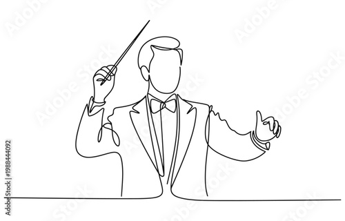 continuous line drawing of orchestra conductor, single line drawing of orchestra leader's hand holding baton.