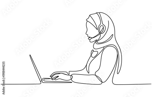 Single continuous line drawing of young confused call center worker answering phone call from talkative customer in front laptop.