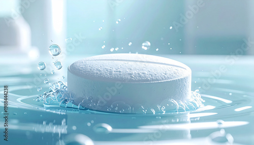 Effervescent Tablet in Water: Witness the rapid dissolution of an effervescent tablet in water. A clinical shot for the pharmaceutical industry, and health care