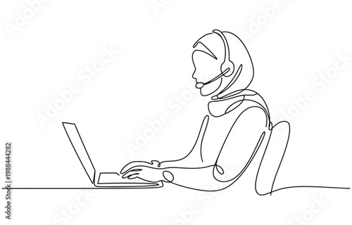 Single continuous line drawing of young confused call center worker answering phone call from talkative customer in front laptop.