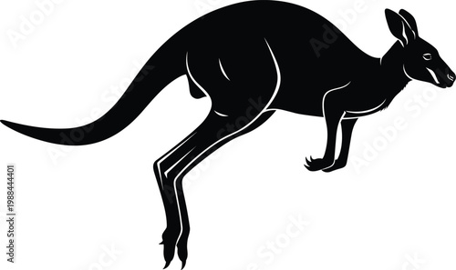 Black kangaroo silhouette in mid‑jump with extended tail, powerful legs, dynamic motion, iconic Australian animal vector artwork for design