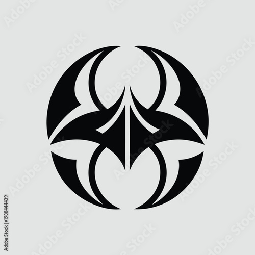 Abstract Symmetrical Bat or Manta Ray Tribal Logo in Circular Frame, Sharp Geometric Winged Creature Silhouette for Modern Branding and Tattoo Design