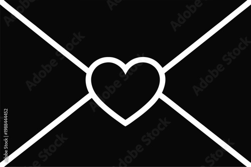 Detailed black vector icon of a sealed mailing envelope featuring a white heart outline in the center symbolizing a romantic love letter or message