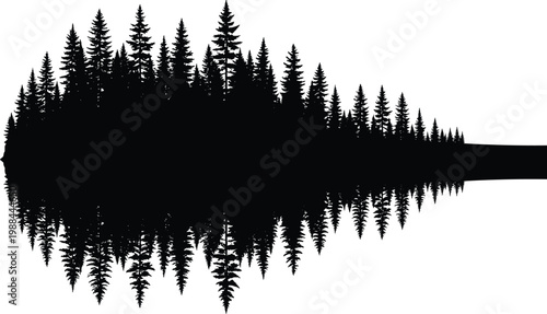 Black silhouette of dense evergreen forest with mirrored reflection resembling soundwave or audio waveform, minimalist natural abstract illustration