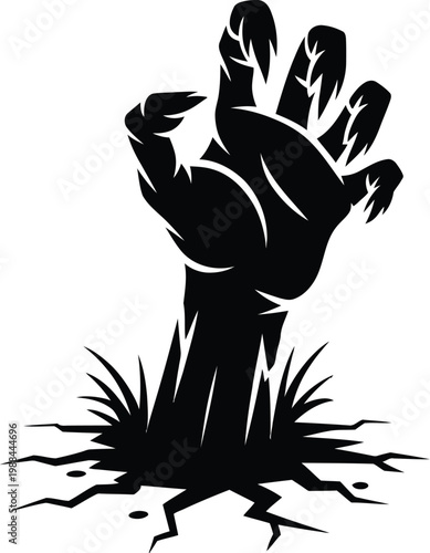 Black silhouette of a zombie hand emerging from the ground with living dead hand reaching breaking out emerging reaching halloween creature silhouette illustration graveyard nightmare