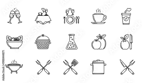 Outline food and lifestyle icon set with ice cream water cooler champagne donation fitness and coffee cocktail vector collection