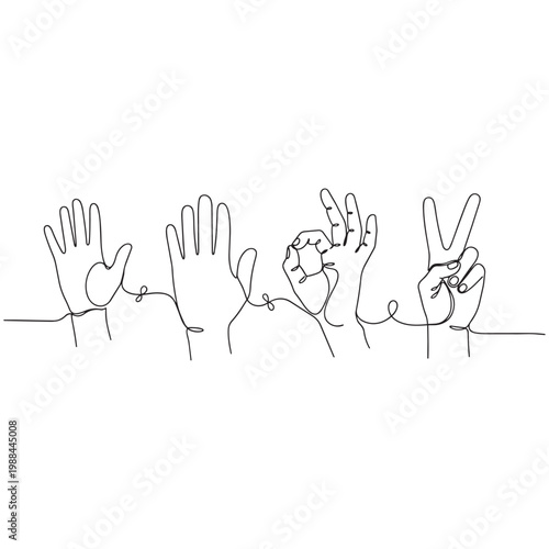 Set of hands forming gestures and words 'STOP' in continuous line art style vector illustration