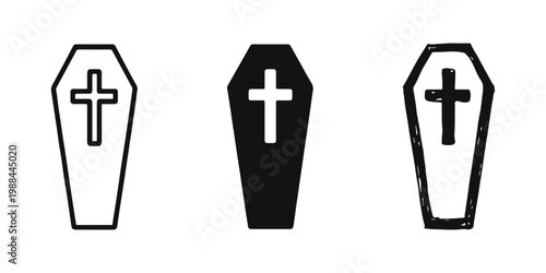 Coffin Casket with Christian Cross Icon Set for Funeral and Cemetery