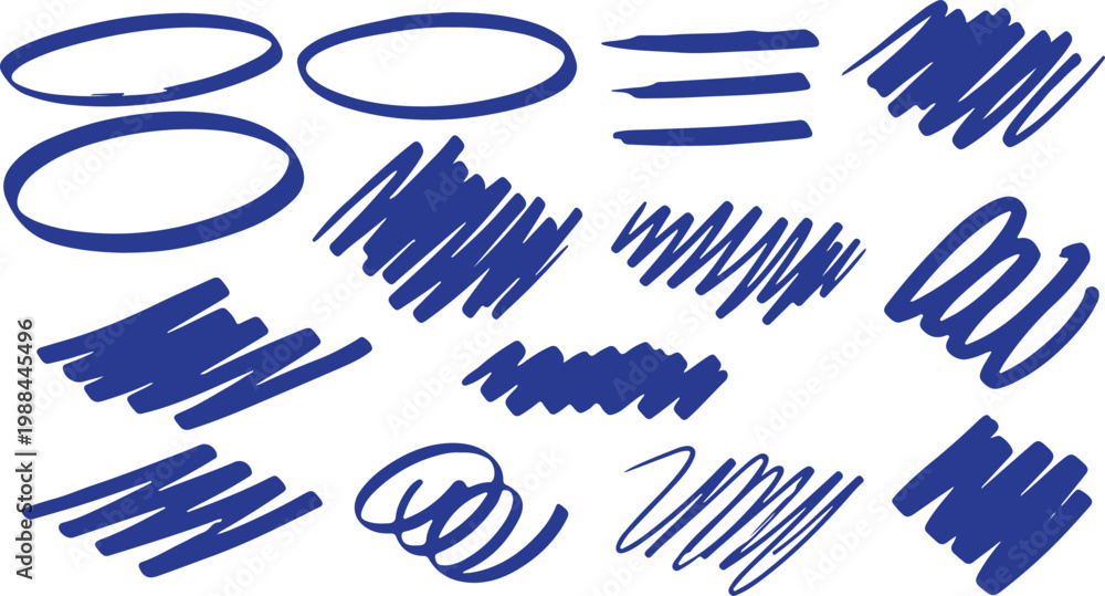 Fototapeta premium A set of vibrant blue vector doodles featuring messy marker scribbles, horizontal underline strokes, and circular highlight frames.